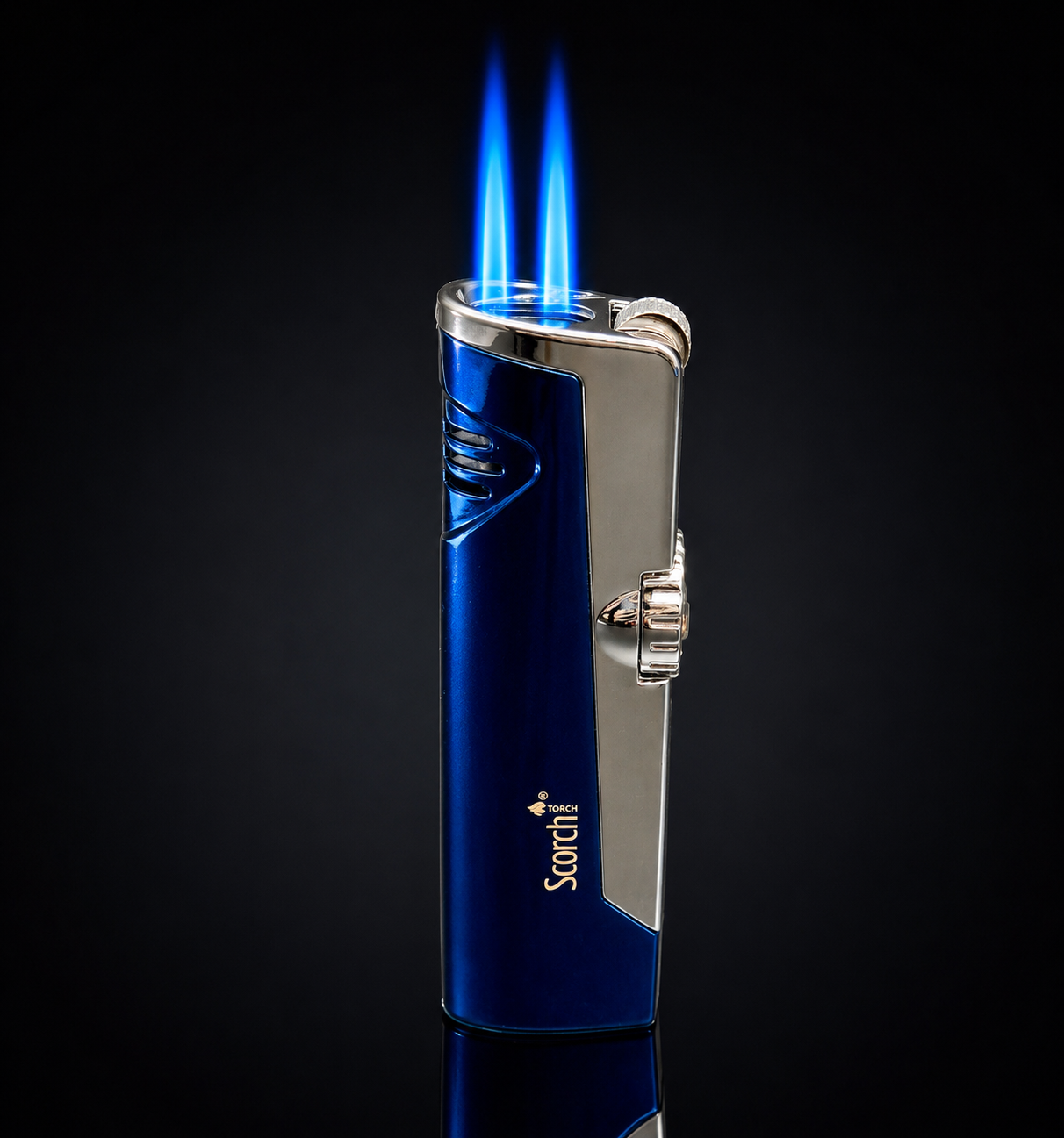 Blue and silver lighter with a lit blue flame on a black background