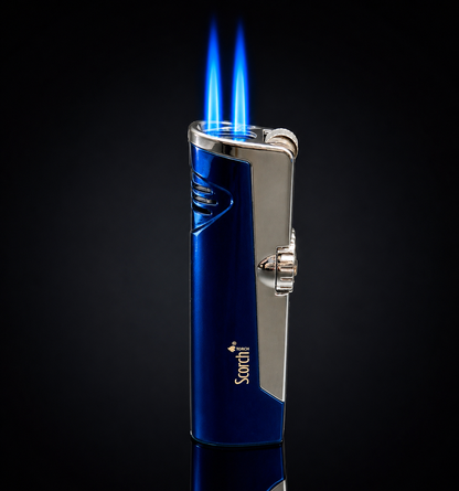 Blue and silver lighter with a lit blue flame on a black background