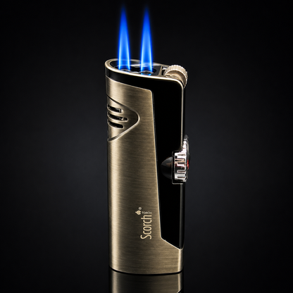 Bronze lighter with blue flames on a black background