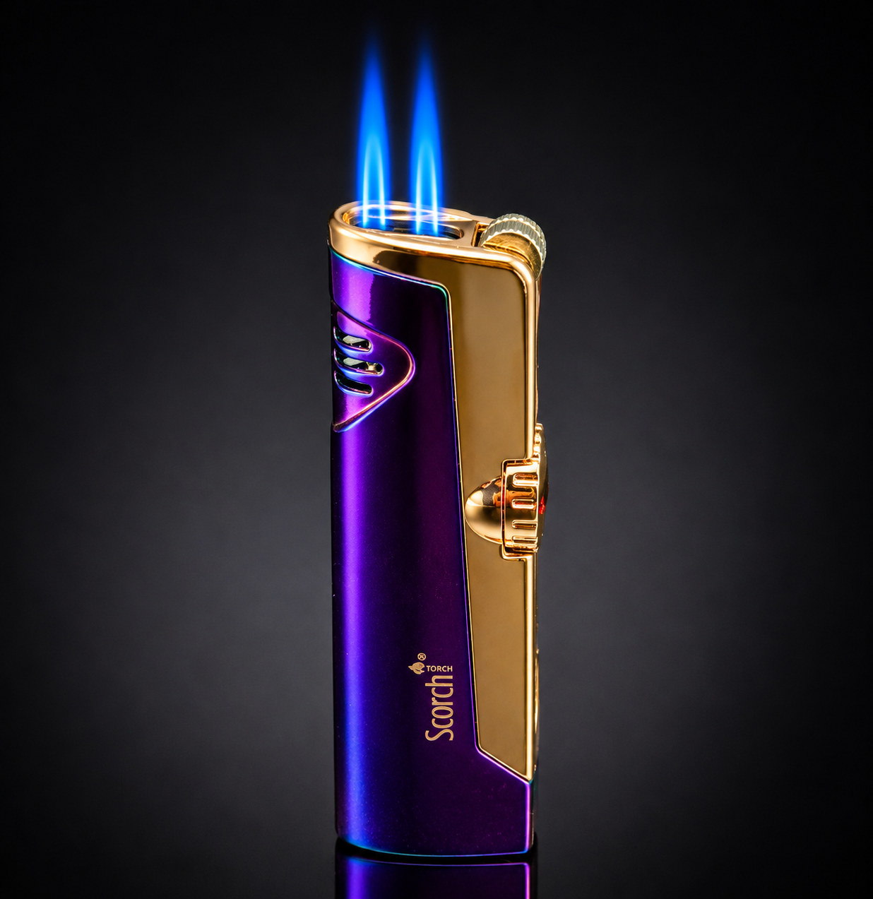 Purple and gold lighter with blue flame on a black background