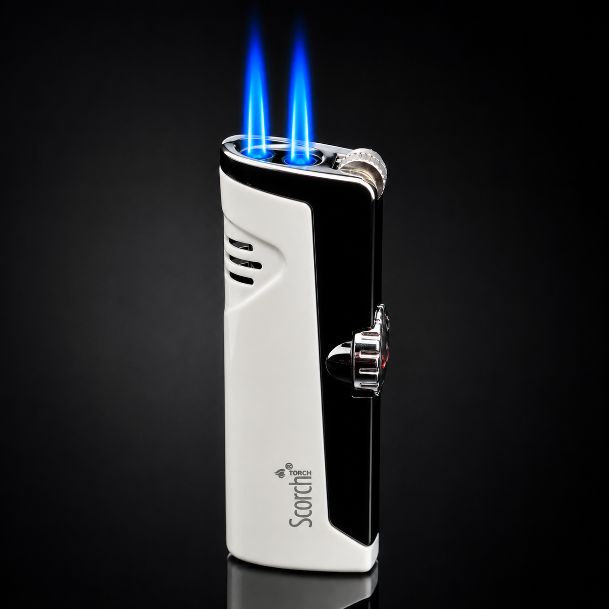 Torch lighter with blue flame on a black background