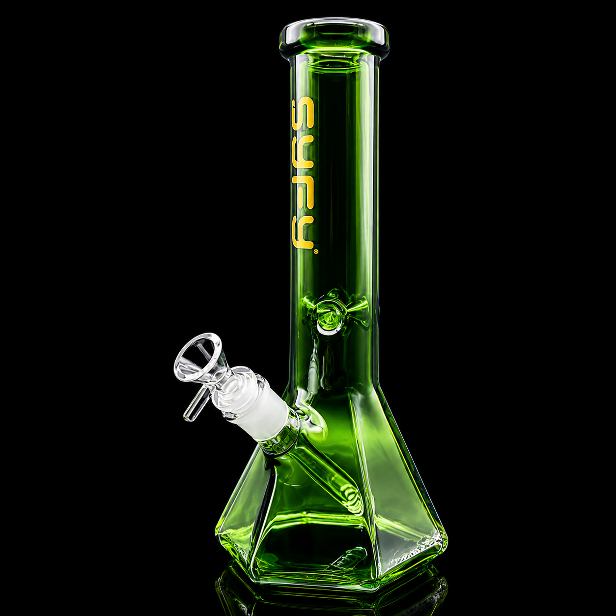 Green glass water pipe with 'Suffy' branding on a black background
