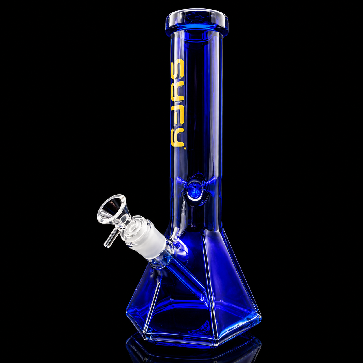 Blue glass water pipe with 'Sufy' branding on a black background