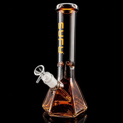 Glass water pipe with 'Suffy' branding on a black background
