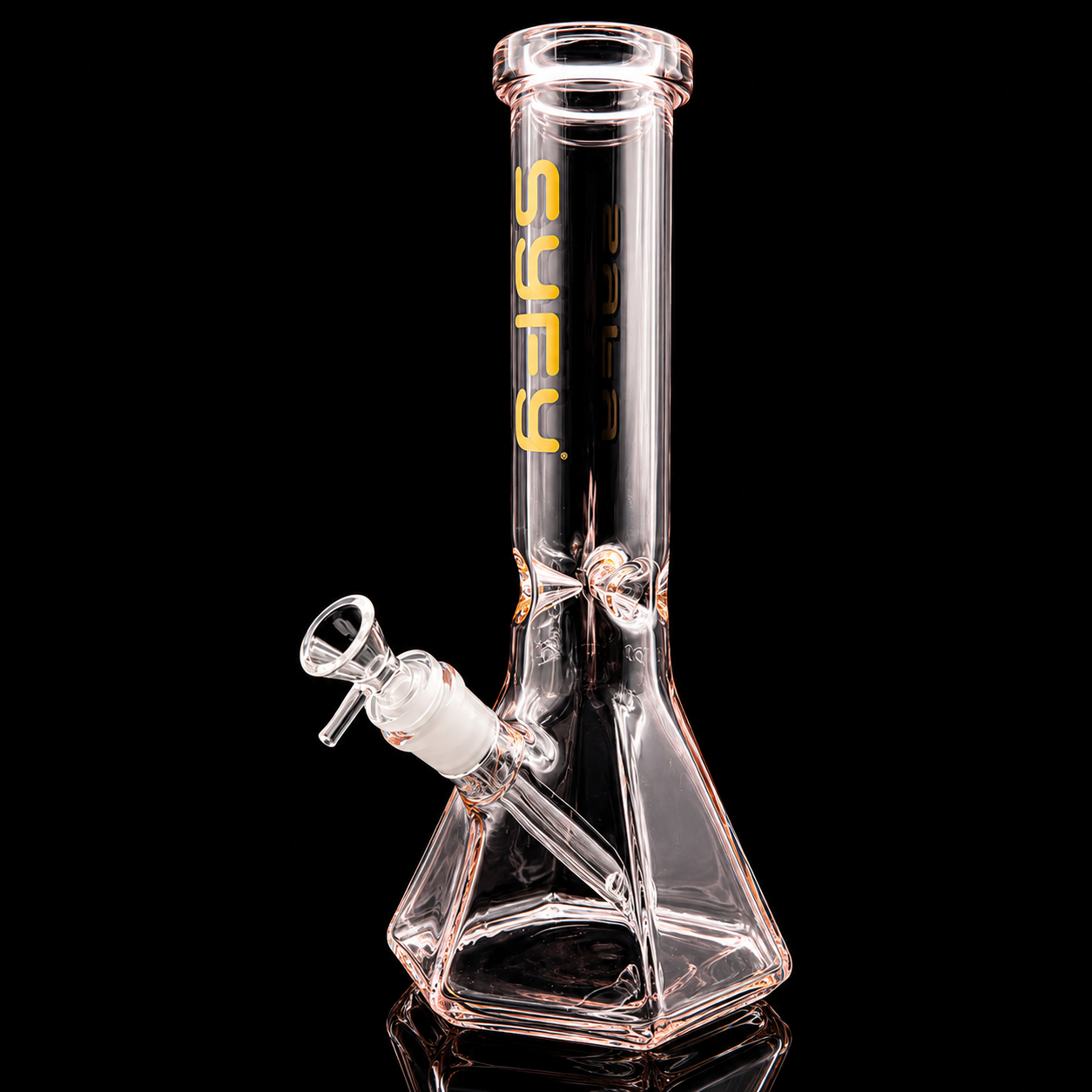 Clear glass water pipe with 'Suru' branding on a black background