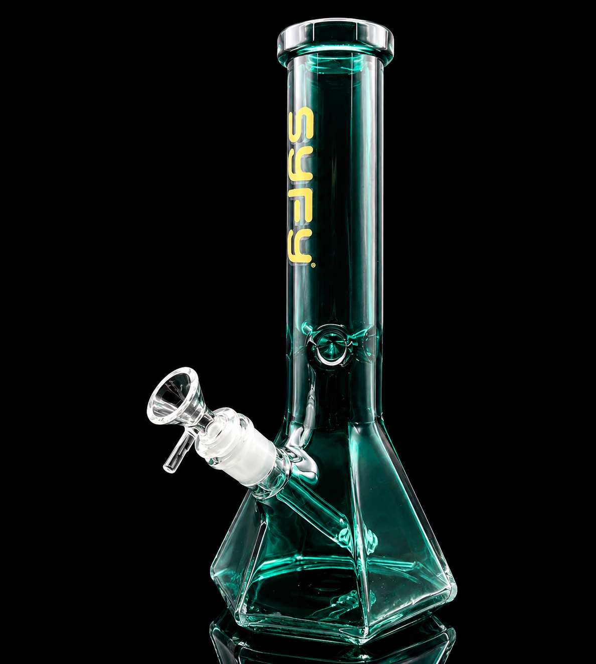 Clear glass water pipe with 'Sury' branding on a black background