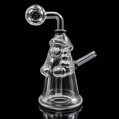 Clear glass smoking device with a handle on a black background