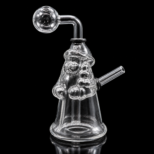 Clear glass smoking device with a handle on a black background