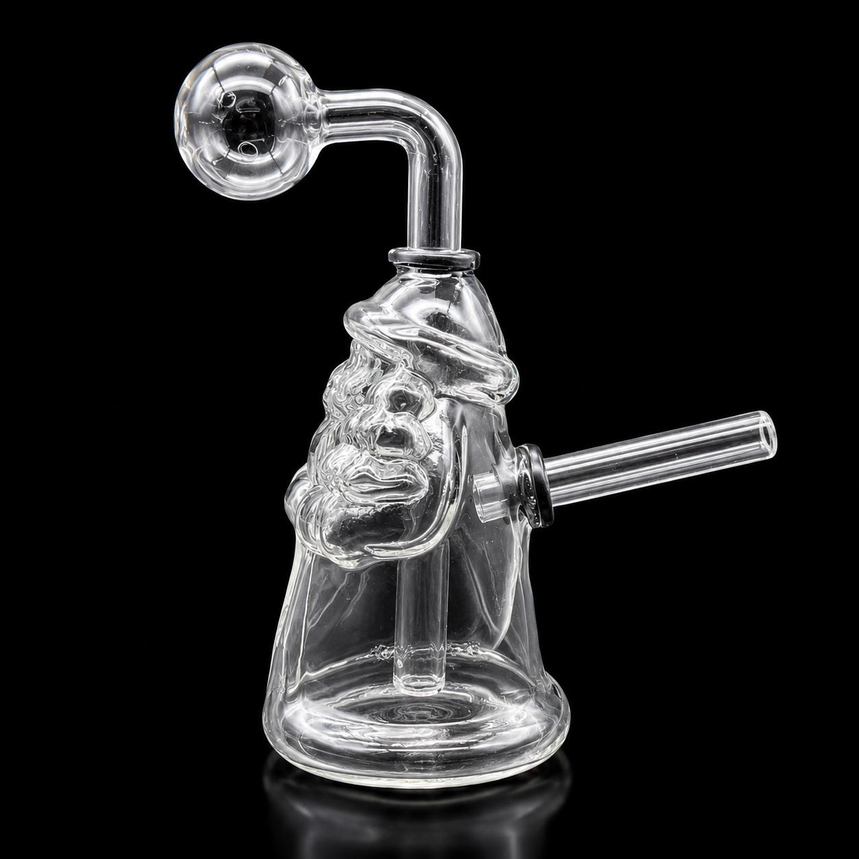 Clear glass smoking device with a unique design on a black background