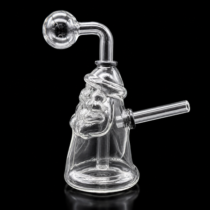 Clear glass smoking device with a unique design on a black background