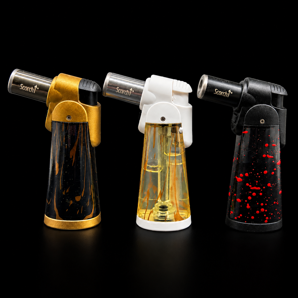Three Scorch torches with different designs on a black background