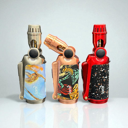 Three colorful vape devices with unique designs on a light gray background