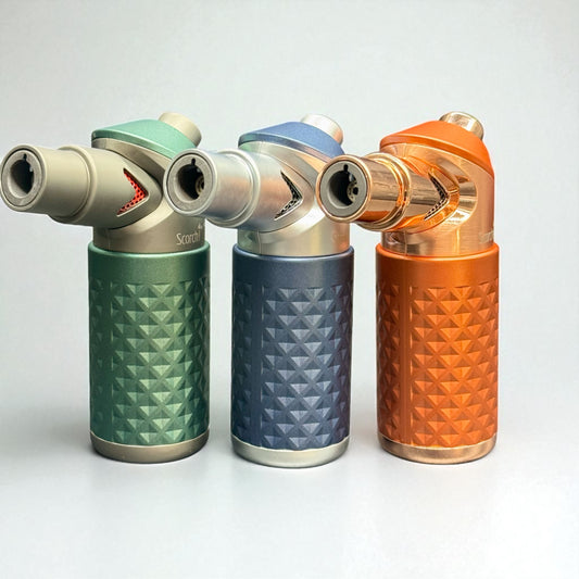 Three colorful butane lighters with geometric patterns on a white background