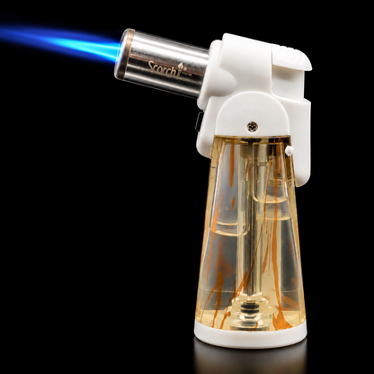 Butane torch lighter with visible flame on a black background