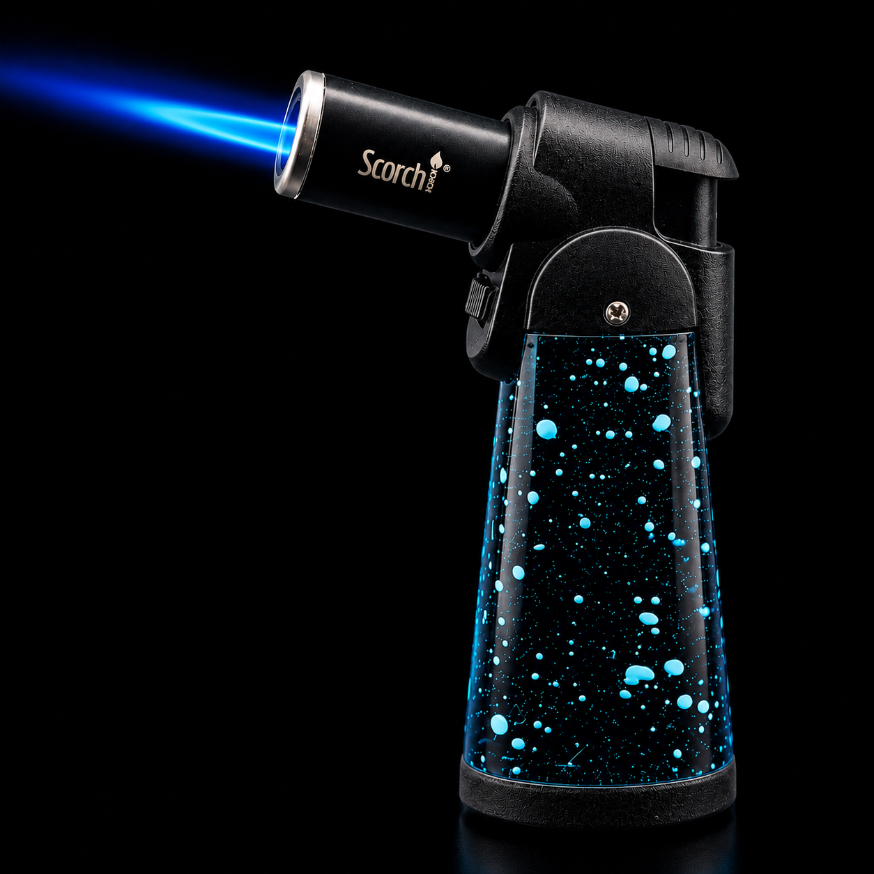 Butane torch lighter with blue flame on a black background