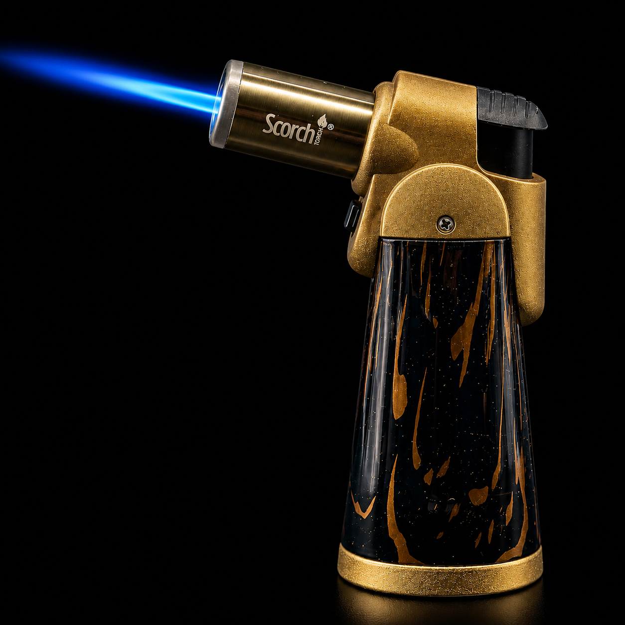 Gold and black torch lighter with blue flame on a black background
