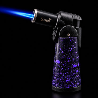 Butane lighter with blue flame on a black background, featuring the brand 'Scorch'.