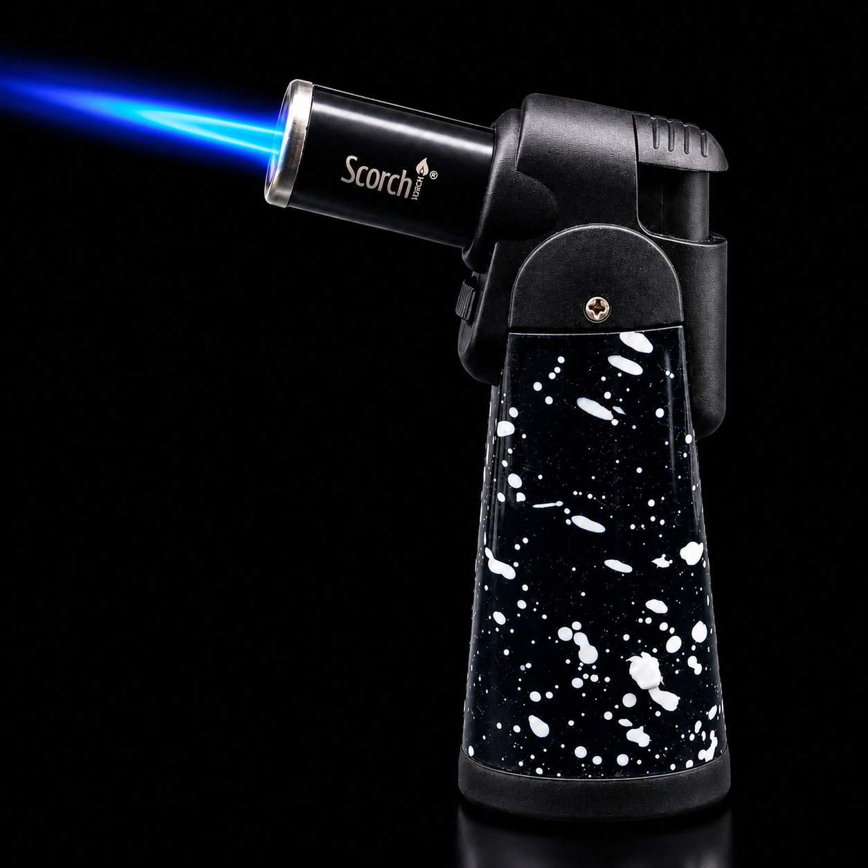 Butane lighter with blue flame on a black background, featuring the brand 'Scorch'.