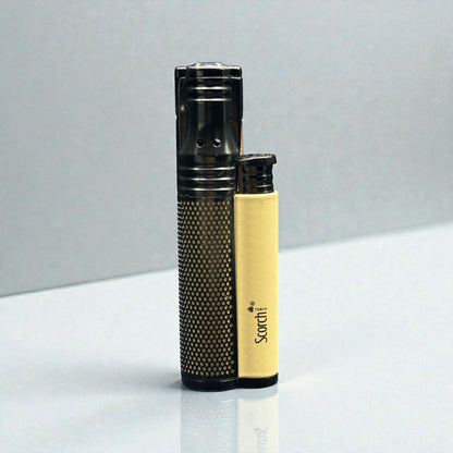 A dual lighter set featuring a black textured lighter and a smaller yellow lighter with the brand name 'Scorpi' printed on it, set against a neutral gray background.