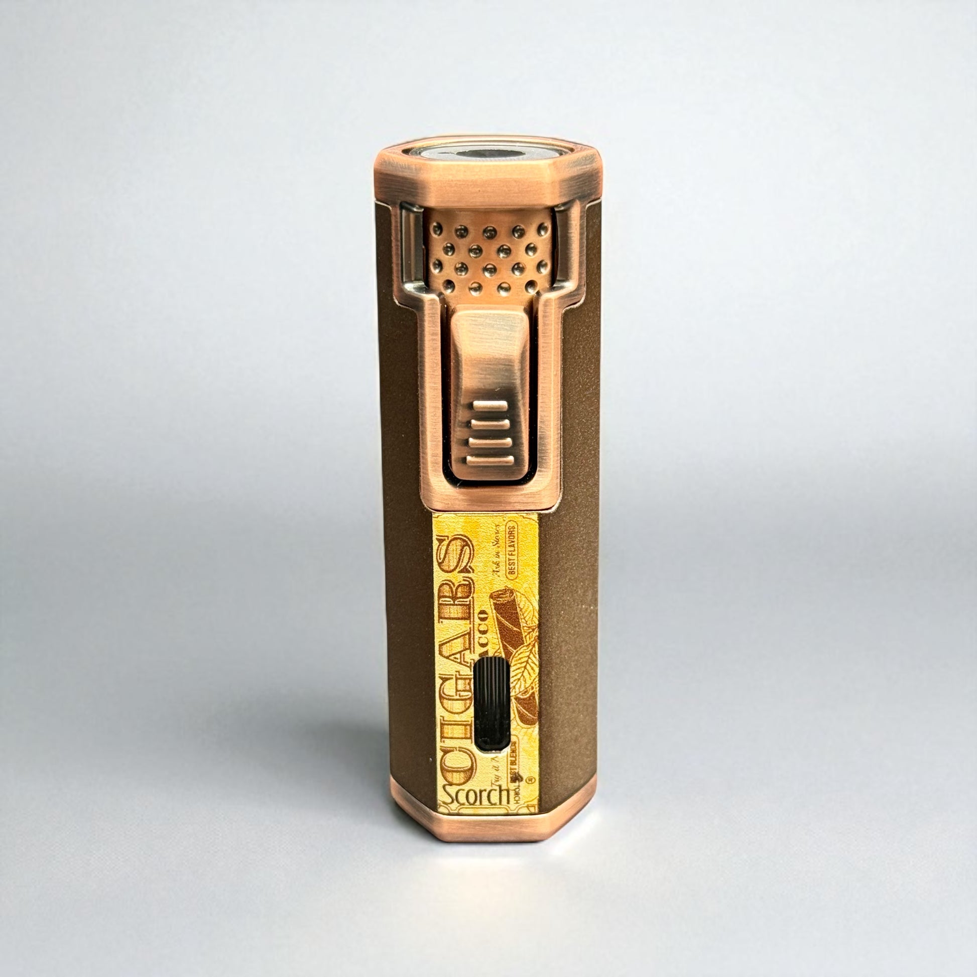 Bronze-colored lighter with brand name on a light gray background