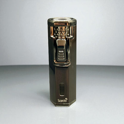 Metallic lighter with 'Scorch' branding on a gray background