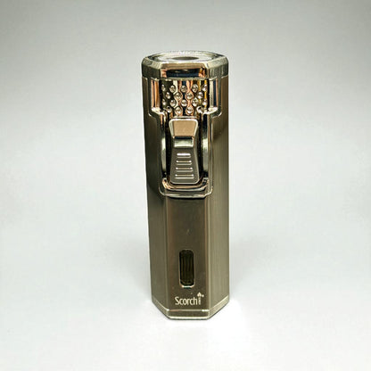 Gold and silver lighter with 'Scorch' branding on a white background
