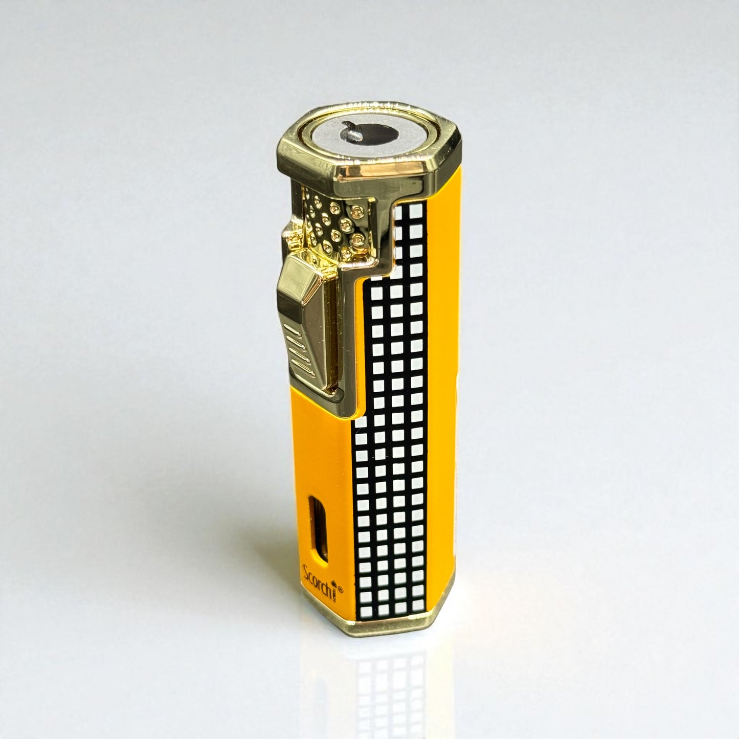 Gold and yellow lighter with black grid design on a white background