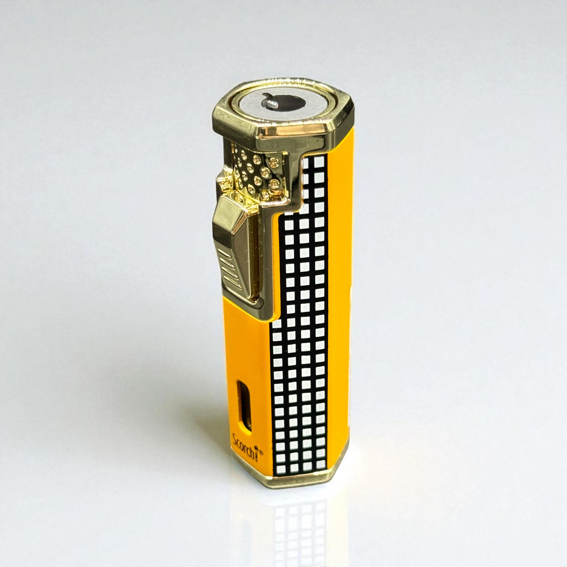 Gold and yellow lighter with black grid design on a white background