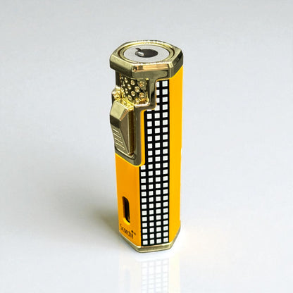 Gold and yellow lighter with black grid design on a white background