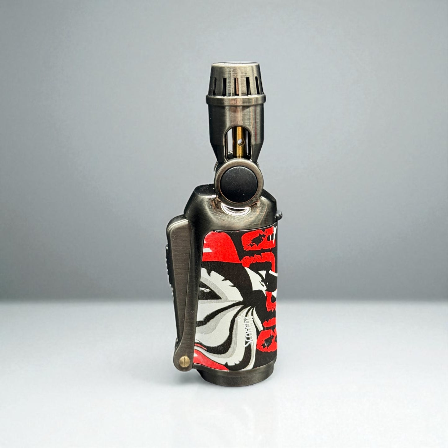 Vape device with a colorful design on a gray background
