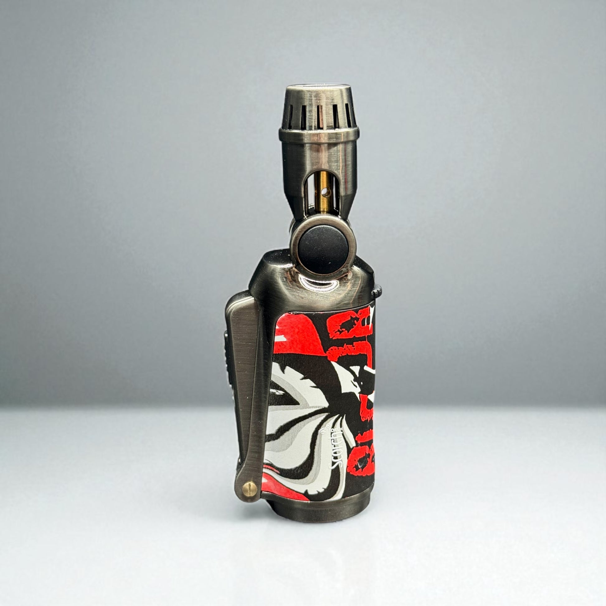 Vape device with a colorful design on a gray background