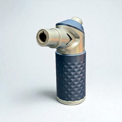Blue and silver lighter with geometric pattern on a light gray background