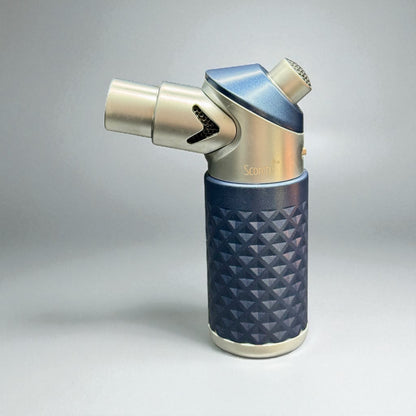 Butane lighter with blue textured grip and metallic accents on a gray background