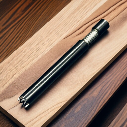 A dark metal cylindrical tool with a threaded section and a multi-tooth cutting edge, placed diagonally on a light wood board over a darker wood surface.