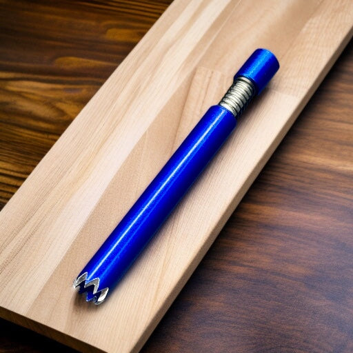 A metallic blue cylindrical tool with a silver spring and pointed silver tip, resting diagonally on a light wood board over a dark wood surface.