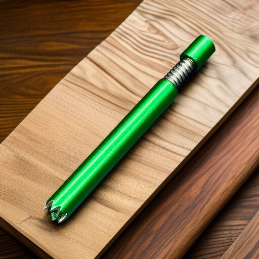 A metallic green cylindrical tool with a threaded silver section and a pointed multi-pronged tip, resting diagonally on a light wood cutting board over a darker wood surface.