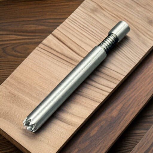A silver metal cylindrical tool with a threaded section and a multi-tooth cutting end, resting diagonally on a light wood board over a darker wood surface.