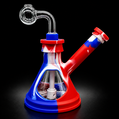 Bong with red, white, and blue design on a black background