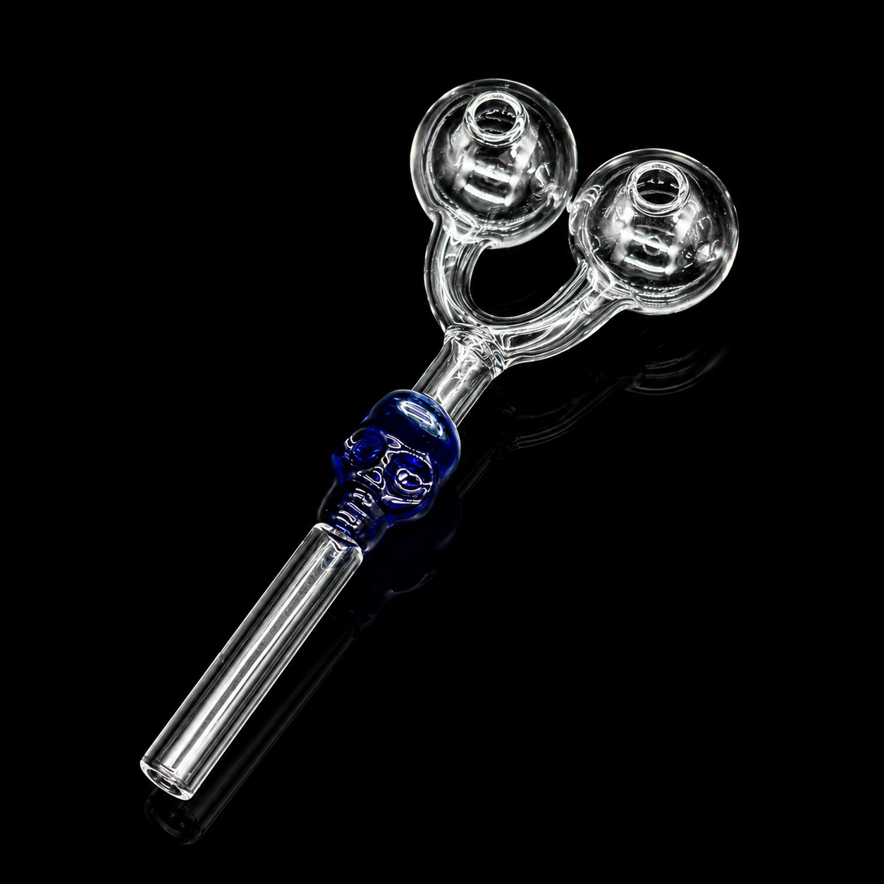 Glass smoking device with blue accent on a black background