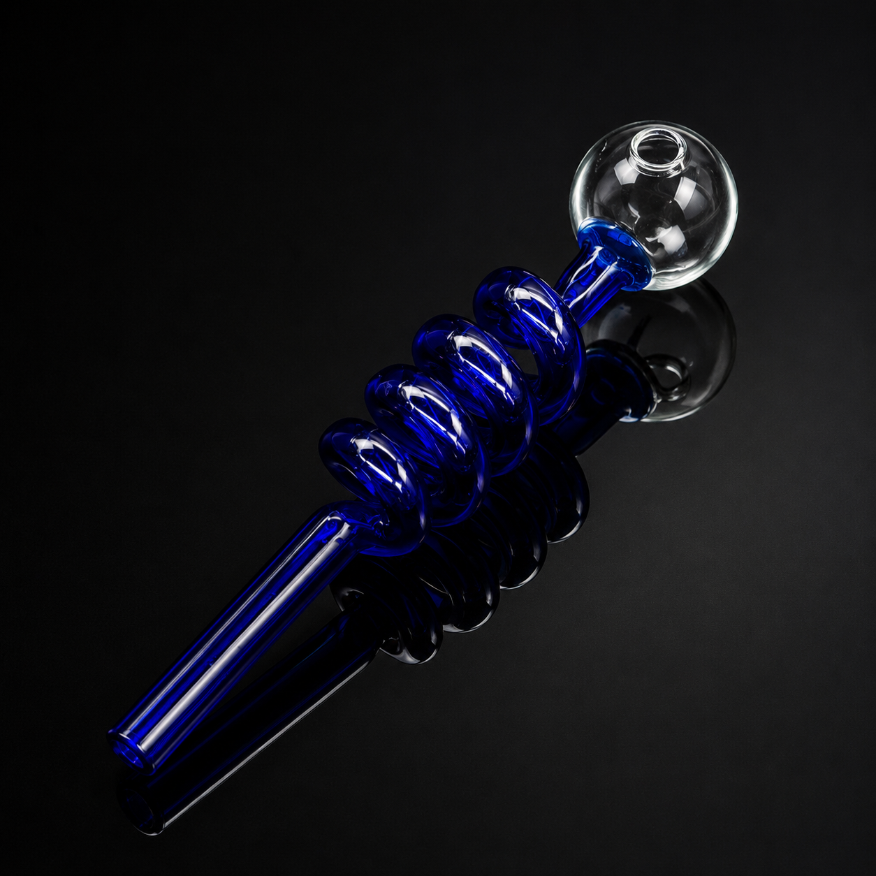 Blue glass pipe with spiral design on a black background