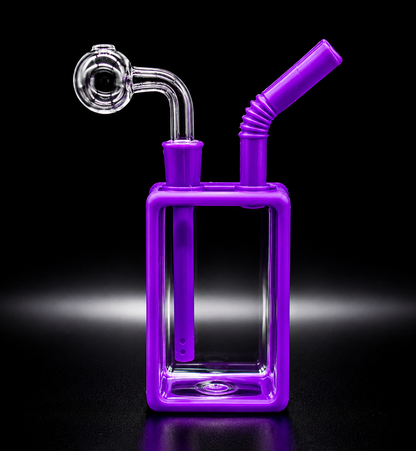 Purple glass water pipe with a straw on a black background