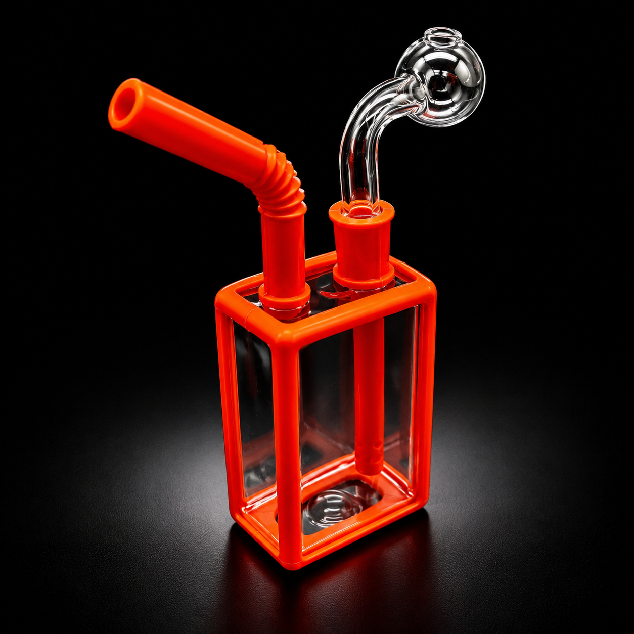 Glass smoking device with orange square base on a black background
