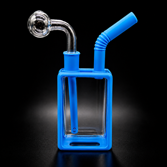 Blue and clear glass smoking device on a black background