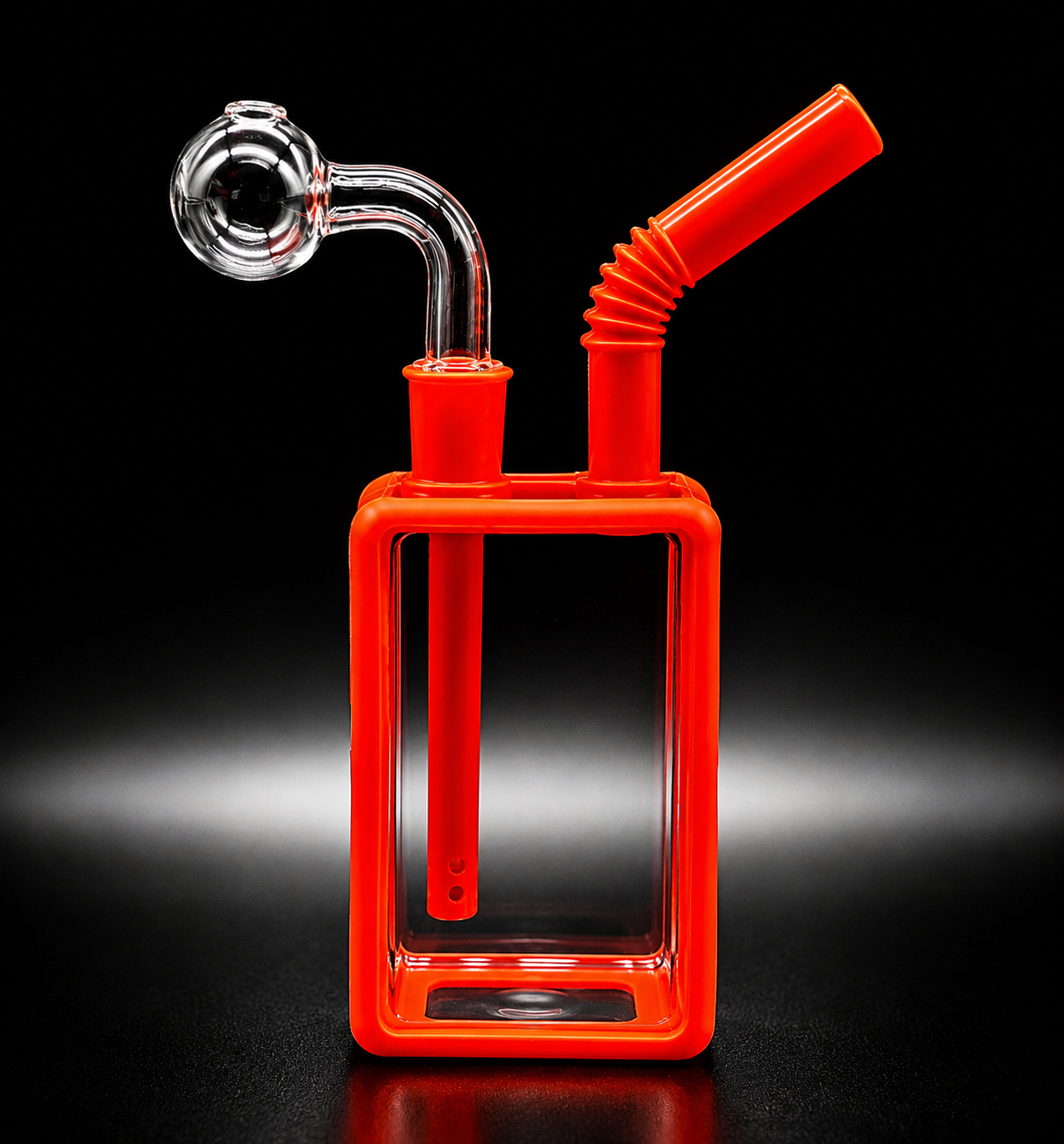 Glass smoking device with red silicone sleeve on a black background