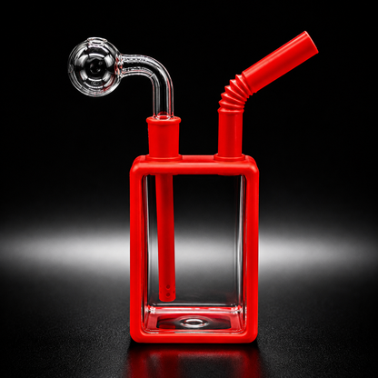 Red glass smoking device with a clear square base on a black background