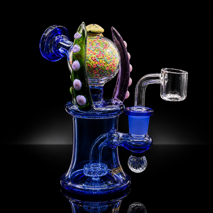 Colorful glass smoking apparatus with various components on a black background