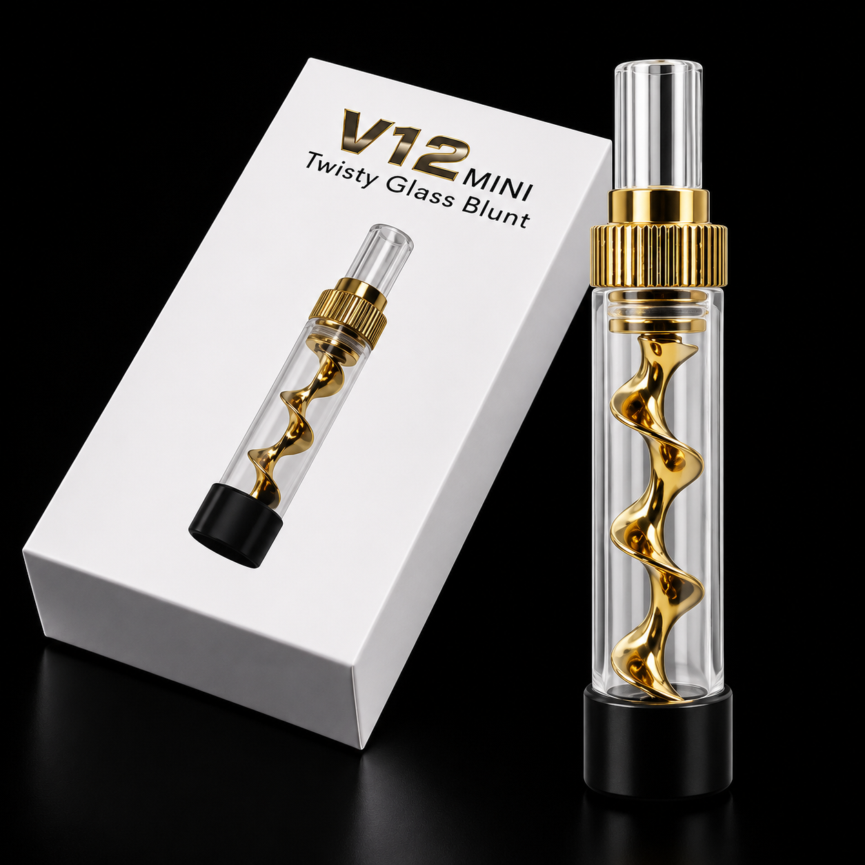 V12 Mini Twisty Glass Blunt with gold accents on a black background