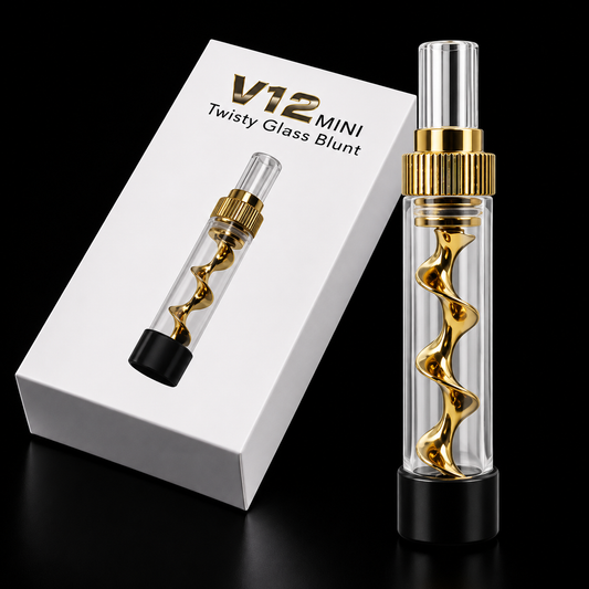 V12 Mini Twisty Glass Blunt with gold accents on a black background