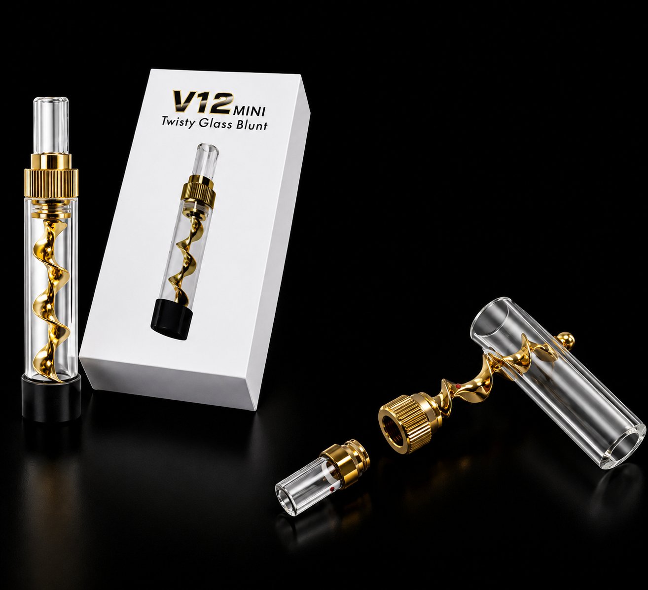 V12 Mini Twist Glass Blunt with packaging on a black background