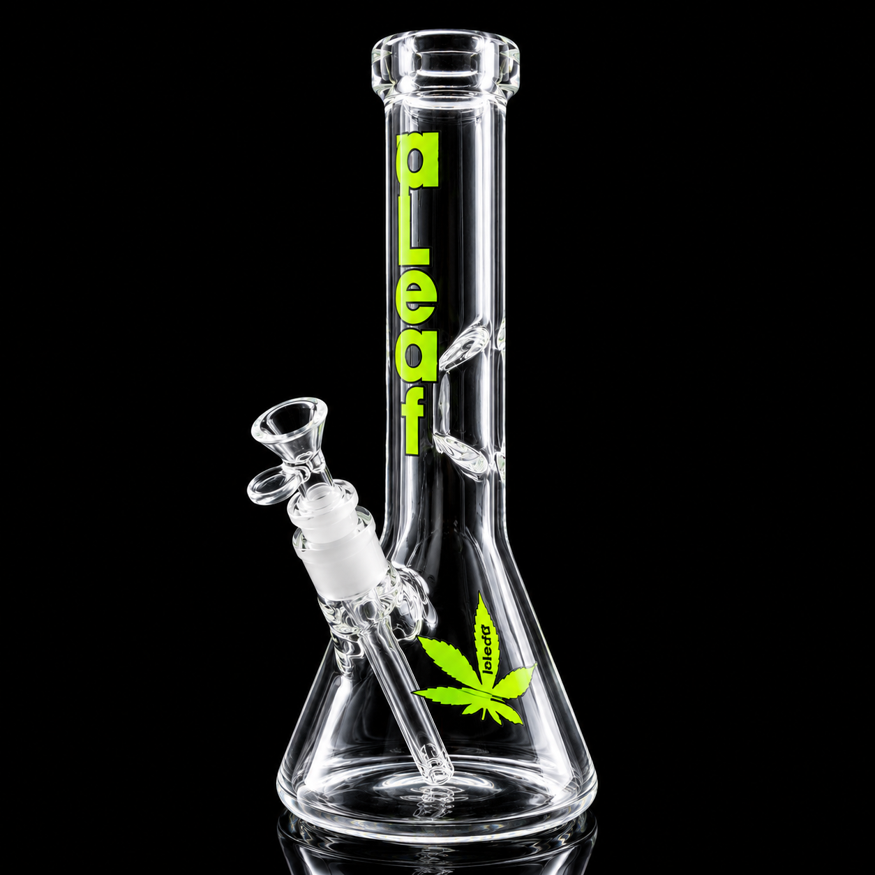 Clear glass water pipe with 'Pleated' branding and a cannabis leaf design on a black background